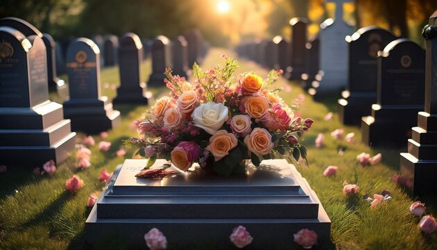 tombstone grave with bouquet on it at cemetery