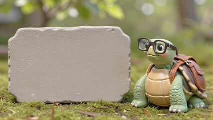 Fototapeta premium Glasses-wearing turtle with backpack stands beside blank stone in green grass.