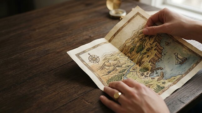 Person holding an antique hand drawn map on a dark wooden table