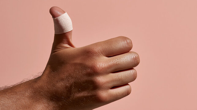 young male hand showing like gesture with bandaged thumb