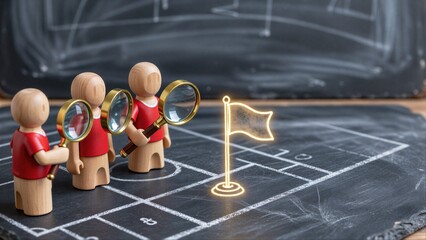 Fototapeta premium Wooden figures with magnifiers examine a glowing flag on chalkboard game board.