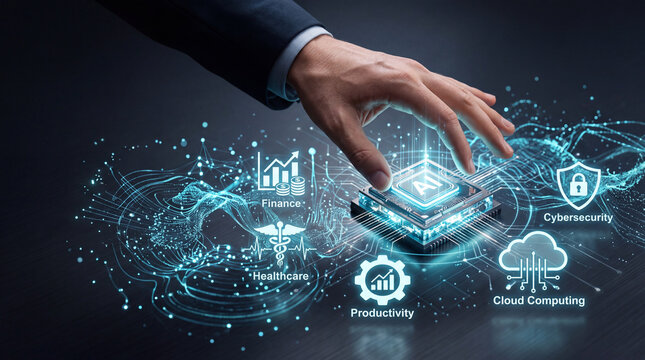 Artificial intelligence processor human hand digital network cloud computing cybersecurity finance healthcare productivity technology data