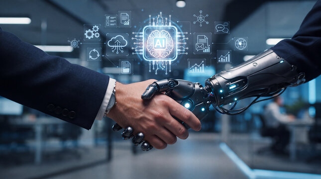 Human hand robot hand handshake artificial intelligence technology business partnership cooperation innovation automation digital future machine cybernetic office corporate agreement collaboration