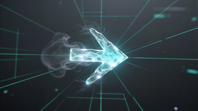 A glowing, translucent arrow pulses with energy against a dark grid background.