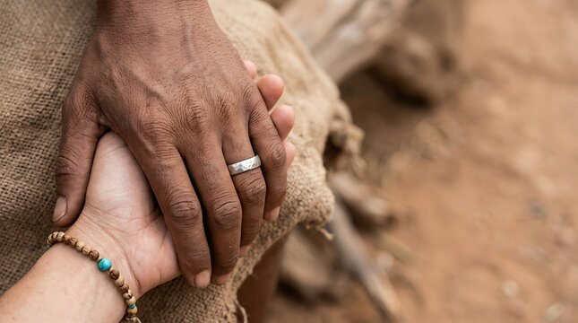 Close up of an interracial couple holding hands with compassion