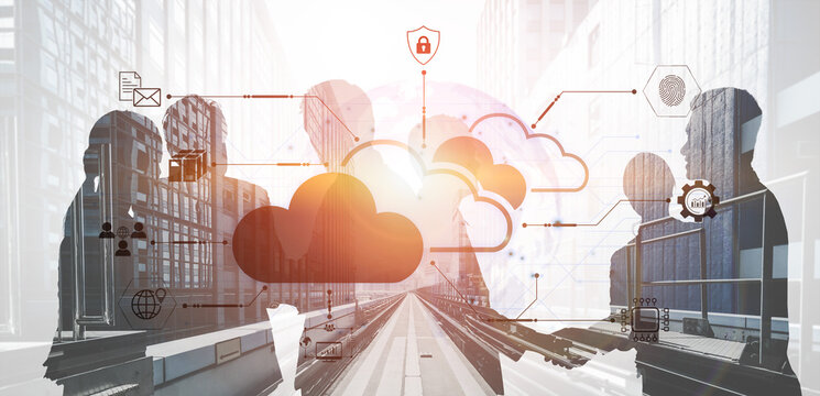 Abstract silhouettes of business professionals engaging in digital communication with cloud technology, security icons, and connectivity symbols in a modern urban setting. Bitwise.