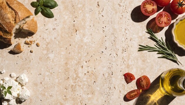 artisan bread, olive oil, fresh herbs, tomatoes and soft cheese arranged only around the frame edges