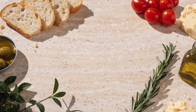 artisan bread, olive oil, fresh herbs, tomatoes and soft cheese arranged only around the frame edges