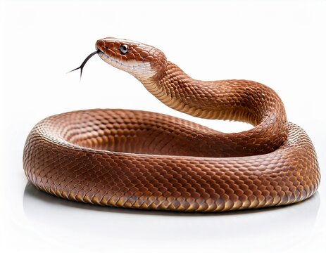brown venomous snake coiled in a defensive position showing its scales and flicking tongue isolated on white