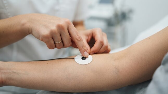 Female patient getting ecg electrode sensor placed on arm by doctor in clinic for medical diagnosis