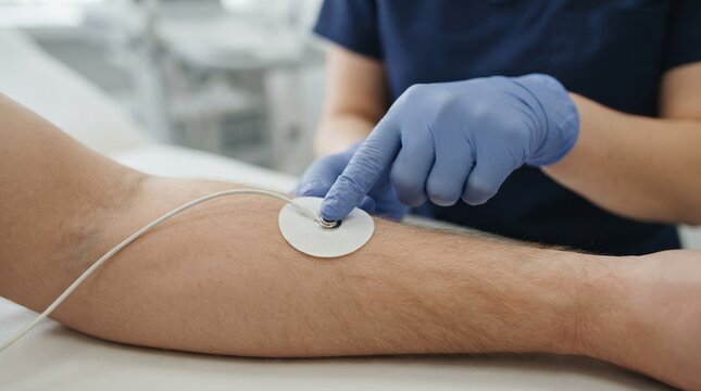 Medical professional applying ECG electrode sensor on male patient arm in clinic exam room