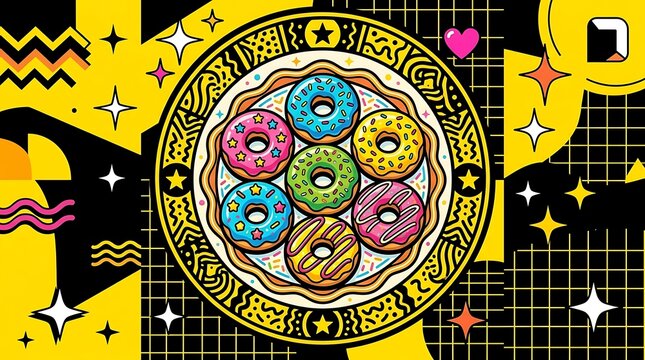 Vibrant glazed donuts in a colorful circular pop art pattern