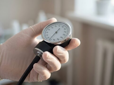 Medical professional holding a sphygmomanometer gauge to measure blood pressure in a clinic
