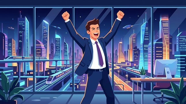 Successful businessman celebrating in a futuristic office at night