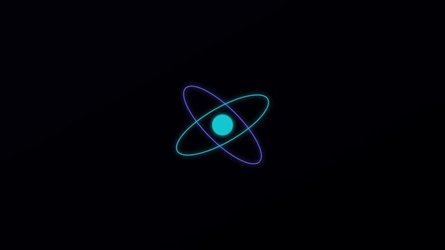 Neon atom model animation rotating science concept on 4k black background, physics glowing