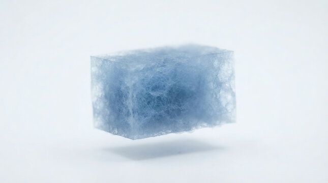 Futuristic aerospace nanotechnology concept semi transparent blue aerogel synthetic matrix block suspended in soft defused white studio light abstract high tech material background