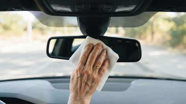 Elderly woman cleaning rearview mirror with cloth inside modern car, detailing and maintenance concept