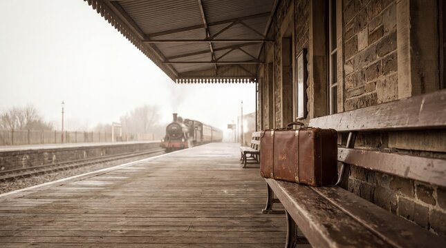 Travel memories, a solitary vintage suitcase rests on a train platform, evoking nostalgia