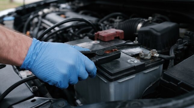 Mechanic wearing blue gloves jumping a car battery under the hood, representing roadside assistance and vehicle maintenance