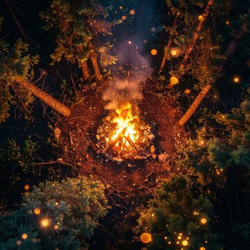Bonfire burning brightly in forest at night.