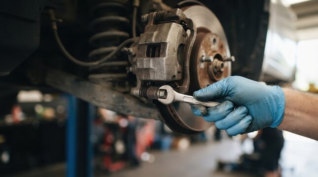 Mechanic repairing car brakes in an auto repair shop using a wrench to fix vehicle disc brake system