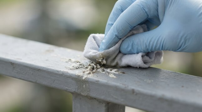 Person cleaning bird droppings from a metal railing with a cloth and blue gloves, representing outdoor hygiene and maintenance work
