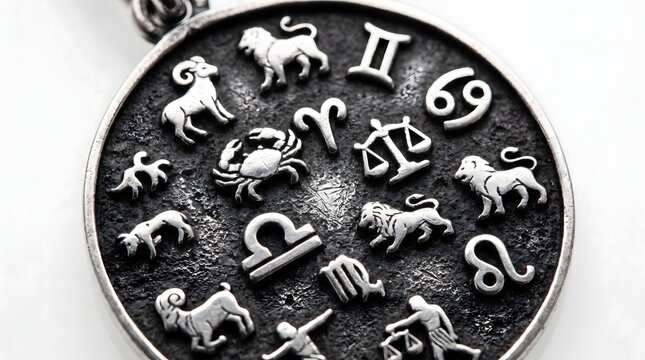 Vintage silver zodiac medallion pendant featuring embossed astrological signs and symbols on a textured background