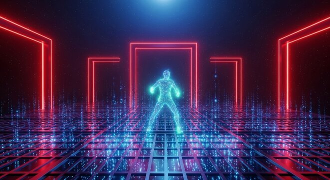 A futuristic holographic combat arena in deep space, featuring glowing red neon structures, metallic floor grates, and digital data flows, cyberpunk, grate, space