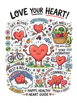 Colorful heart health guide with cute cartoon characters and tips