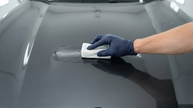 Professional ceramic coating application on a modern dark car hood with protective gloves and applicator pad