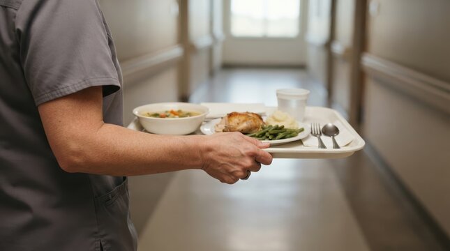 Healthcare worker holding hospital food tray with meal in hallway for patient care