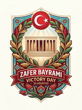 Turkish victory day emblem with national flag and monument