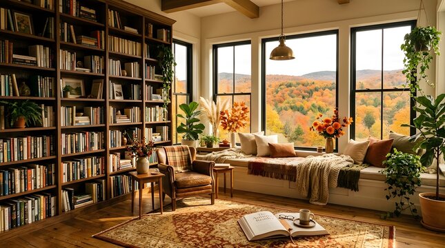 Cozy home library interior with large window view of beautiful autumn landscape scenery