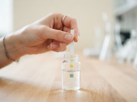 Woman testing water quality with pH strip in a small glass bottle on a wooden table in a laboratory