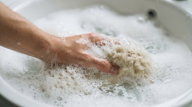 Adult caucasian woman hand washing wool garment by hand in bathroom sink with soapy water foam