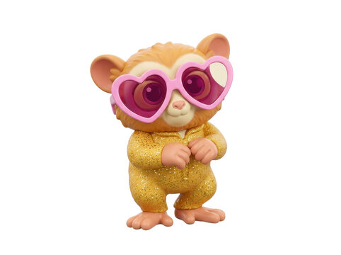 A cute cartoon baby monkey wearing pink heart-shaped glasses and a glittery yellow outfit, isolated on a clean white background.