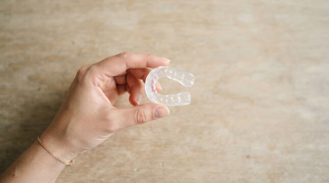 Woman holding clear dental mouthguard for teeth grinding and bruxism treatment protection