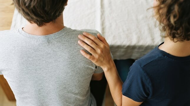Young adult woman comforting young adult man by putting her hand on his shoulder in a supportive gesture