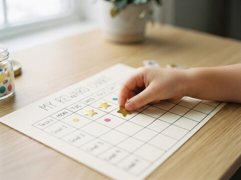 Child putting star sticker on reward chart at wooden desk for positive reinforcement and behavior management