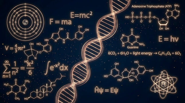 DNA helix and science formulas. Glowing physics equations and biology research background.