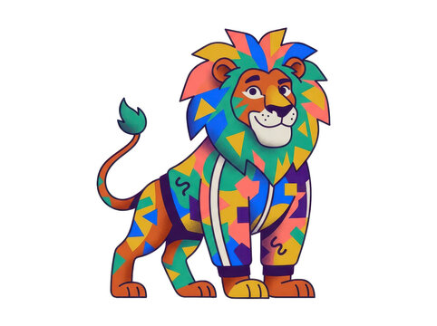 A cheerful cartoon lion wearing a vibrant multicolored geometric pattern hoodie and sweatpants standing on a white background vector illustration.