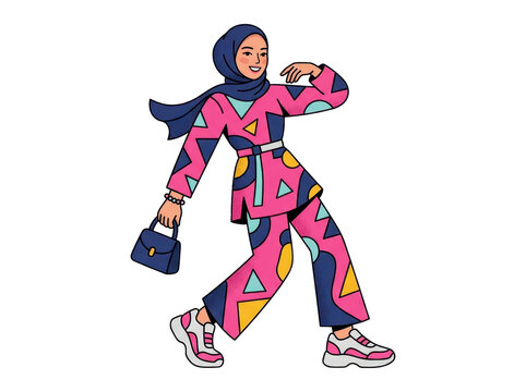 A stylish muslim woman in a vibrant, patterned outfit and hijab walks confidently, carrying a handbag, against a clean white background.