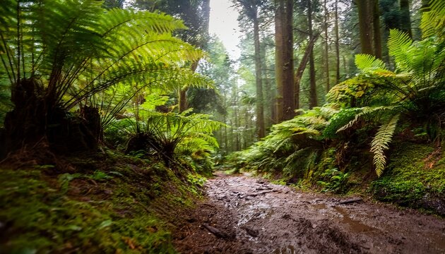 a low angle view of a muddy forest path surrounded by lush green ferns and trees