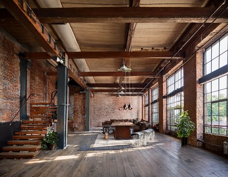 a spacious industrial style loft with rustic wooden beams and brick walls