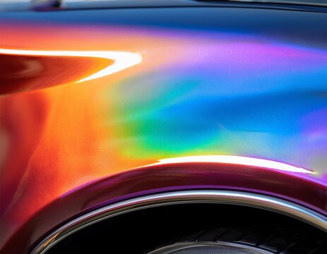 close up of a car s fender with iridescent paint reflecting ambient light
