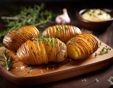 crispy hasselback potatoes with melted butter garlic and herbs on a rustic serving board elegant gourmet presentation ultra realistic photography