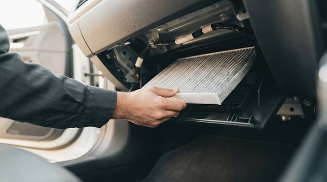 Professional mechanic changing dirty cabin air filter in a modern car interior