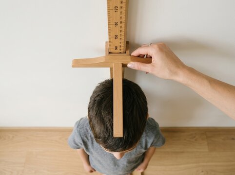 Mother measuring height of her young boy child using a wooden stadiometer on white wall background