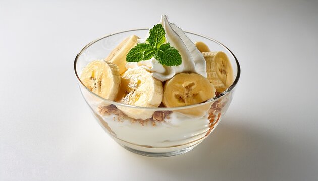 elegant banana split served in minimalist glass bowl with clean white background bright studio lighting premium commercial dessert photography