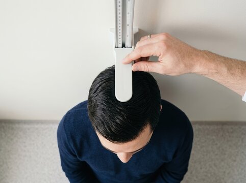 Adult man having his height measured with a stadiometer by a doctor in a medical clinic